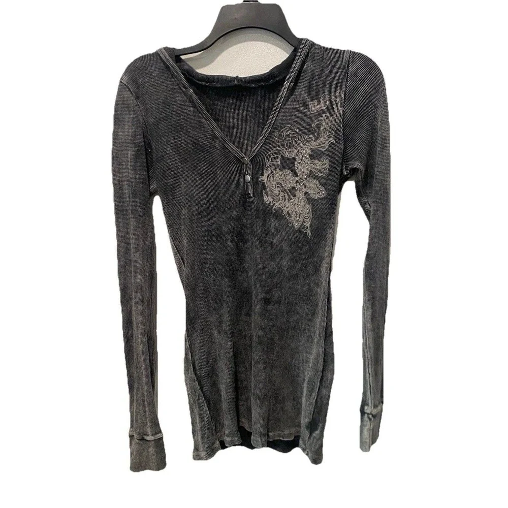 Vtg Y2K stonewashed Graphic Thermal Henley Hoodie Rhinestone embellished Sz M